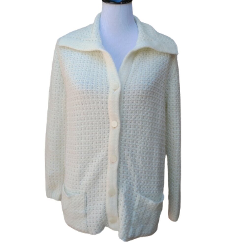 Bams Knit Ivory Cardigan Sweater Button-Up Pockets Cowl Neck Grandmacore